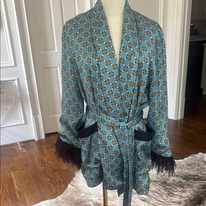 Zara Blue and Brown Patterned Satin Blazer with Navy Feather Trim